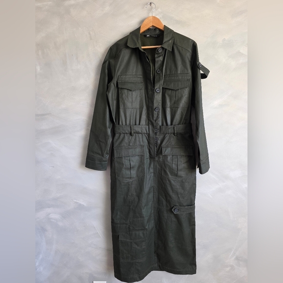ZARA Coated Cargo Dress with Pockets Long Sleeve Army Green Size L - Picture 1 of 15